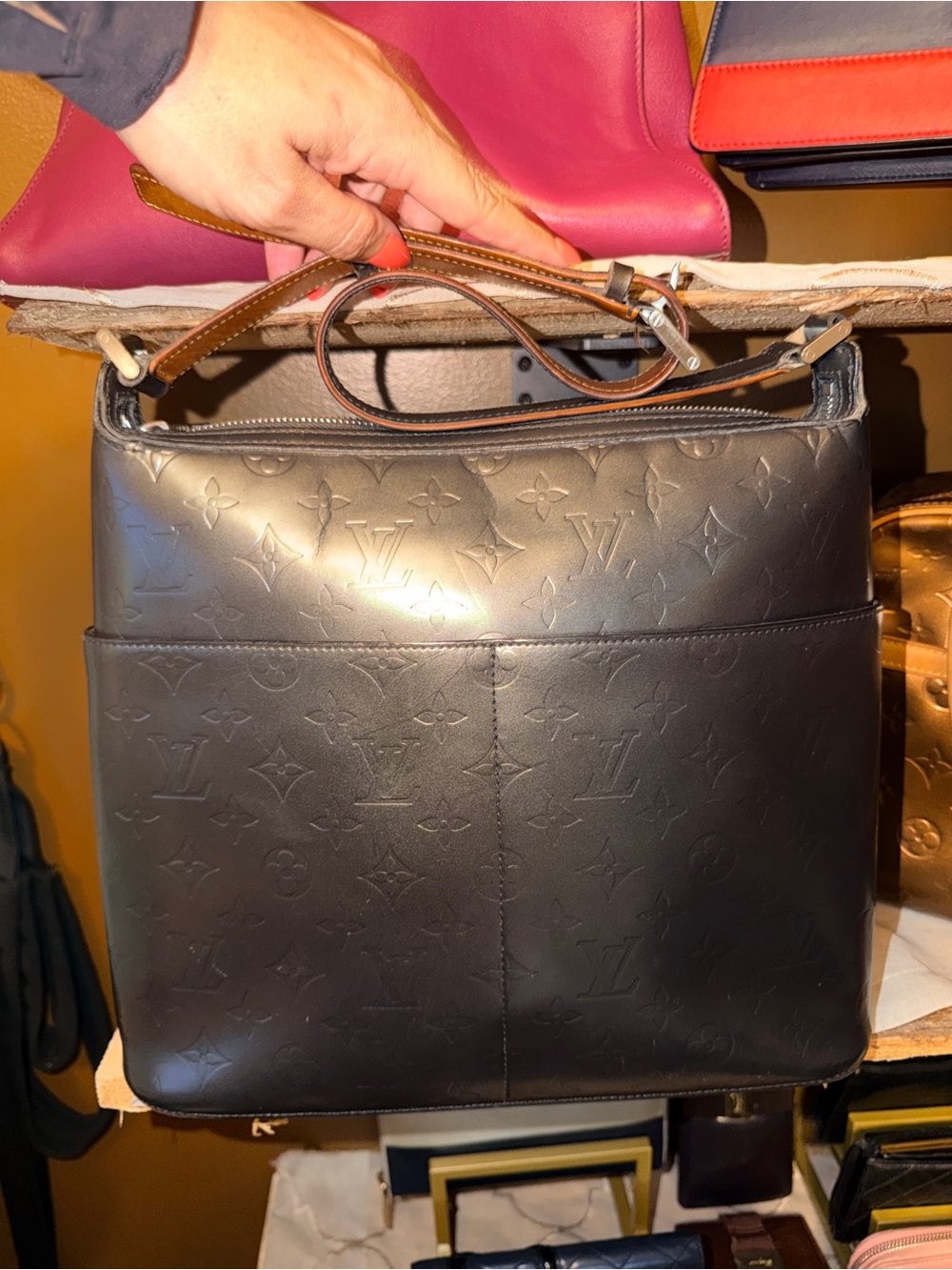 Louis Vuitton Sutter Monogram Embossed Shoulder Bag in Black w Brown Strap - Picture 2 of 12